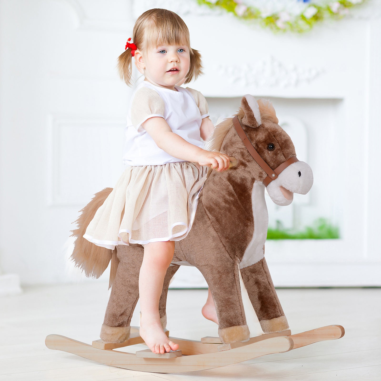 Kids Children Plush Rocking Horse Wooden Base Ride On Toy Rocker with Handle Grip Traditional Toy Fun Gift for Age 3+ (Brown & White)