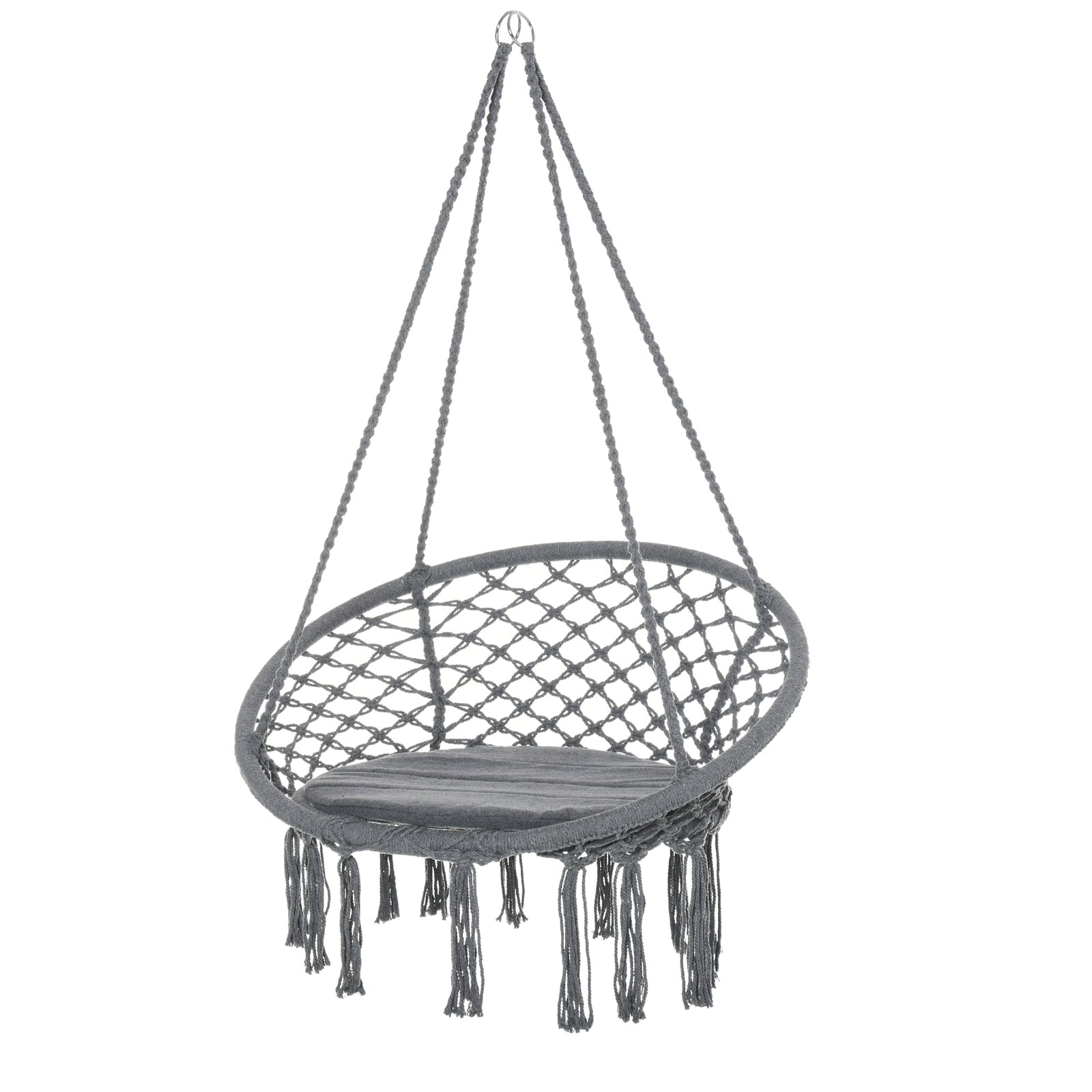 Outdoor Cotton-Polyester Blend Macrame Hanging Rope Chair with Cushion, Portable Garden Chair with Fringe Tassels for Patio, Deck, Tree, Grey