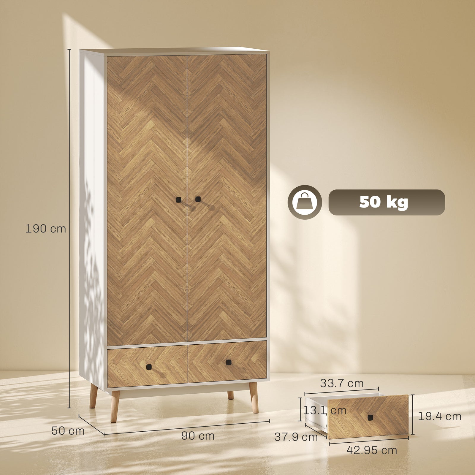 Cabinet Wood-Effect Sticker Surface, Modern Wardrobe with 2 Hanging Ro