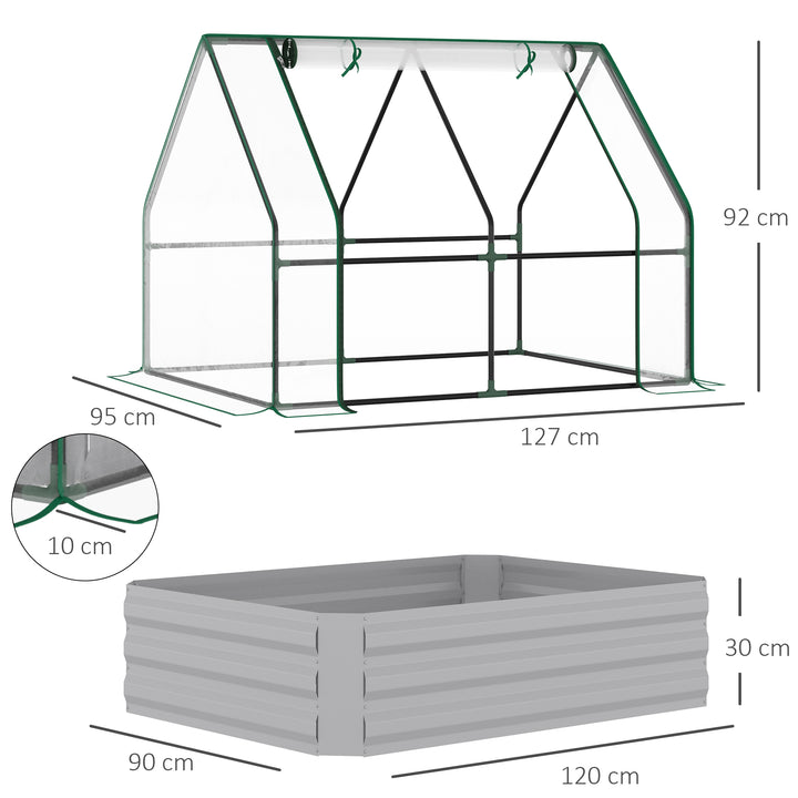 MCL Raised Garden Bed with Greenhouse, Steel Planter Box with Plastic Cover, Roll Up Window, Dual Use for Flowers, Vegetables, Fruits and Herbs, 127L x 95W x 92H cm, Clear