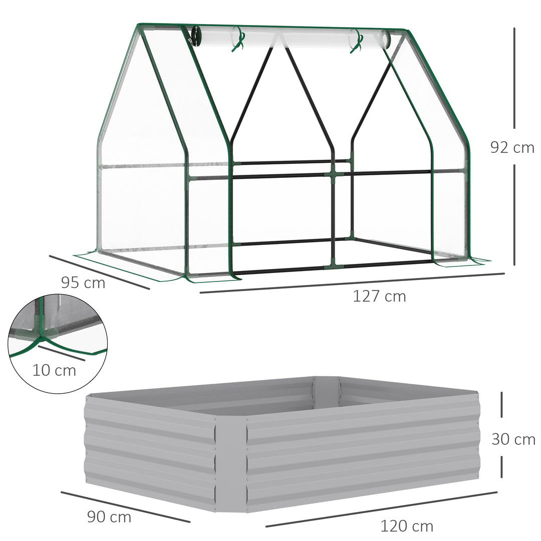 Raised Garden Bed with Greenhouse, Steel Planter Box with Plastic Cover, Roll Up Window, Dual Use for Flowers, Vegetables, Fruits and Herbs, 127L x 95W x 92H cm, Clear