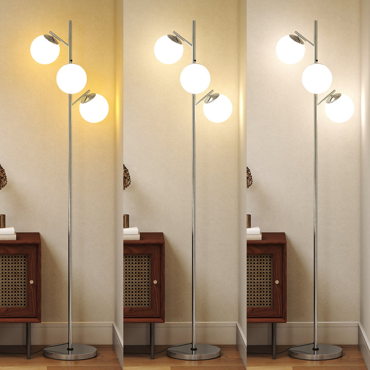 HOMCOM 3-Light Tree Floor Lamps for Living Room, Modern Standing Lamp for Bedroom with Globe Lampshade, 3000K/4000K/6000K Colour Temperatures, Steel Base, Silver Tone