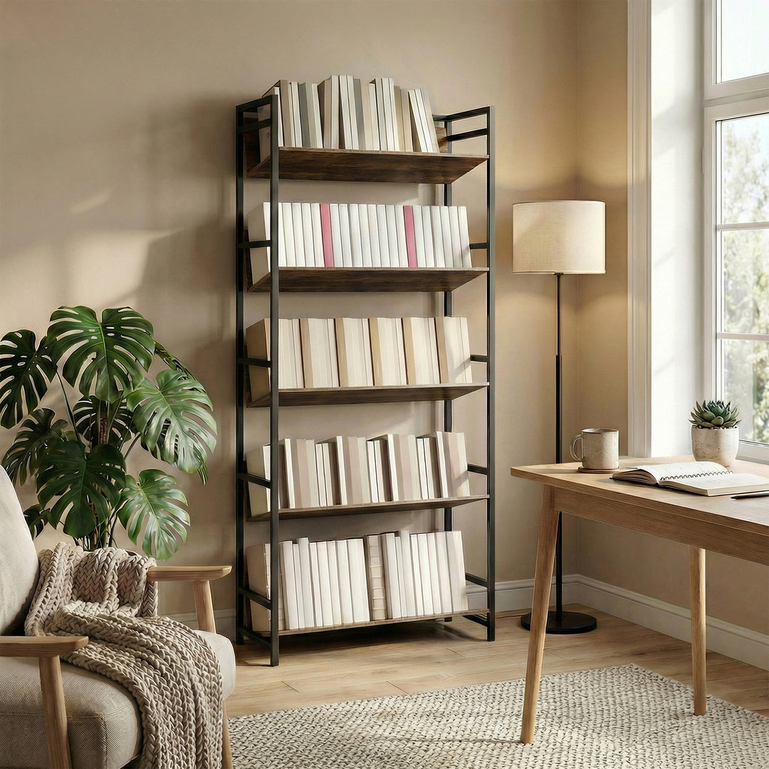 Bookshelf 5-Tier Metal Frame Room Divider Bookcase Storage Shelves for