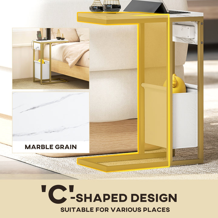 C Shaped Side Table with Charging Station and Faux Marble Top - White