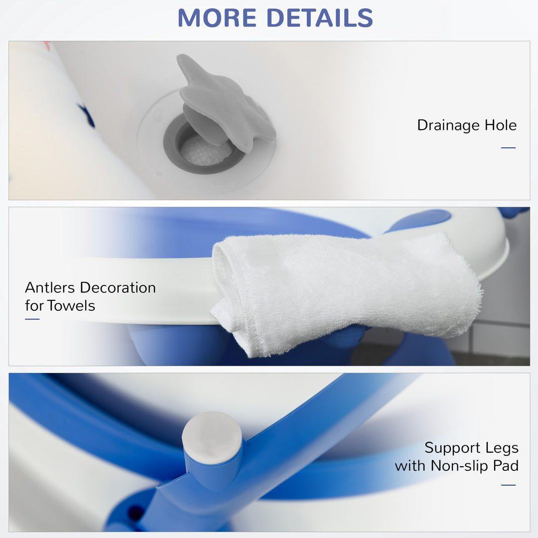 MCL Foldable Baby Bathtub Set, Collapsible Bath Tub with Thermostatic Water Plug, Non-Slip Support, Cushion Pad, Drain Plugs, for Newborn to 3 Years - Blue