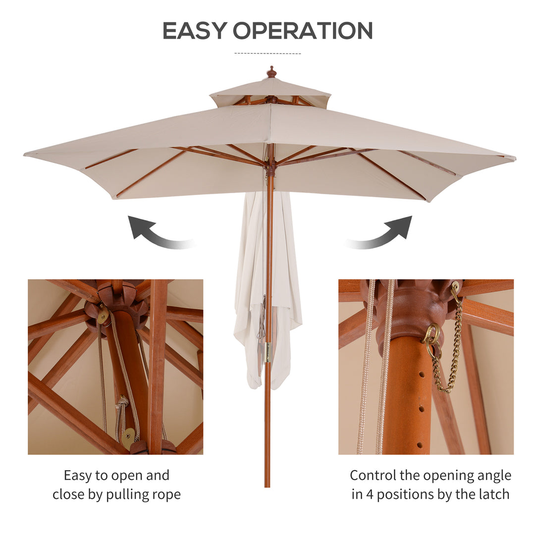 3 x 3 metre Patio Parasol Garden Umbrellas Sunshade Outdoor Wooden Parasol Canopy Double Tier, Beige, BASE NOT INCLUDED