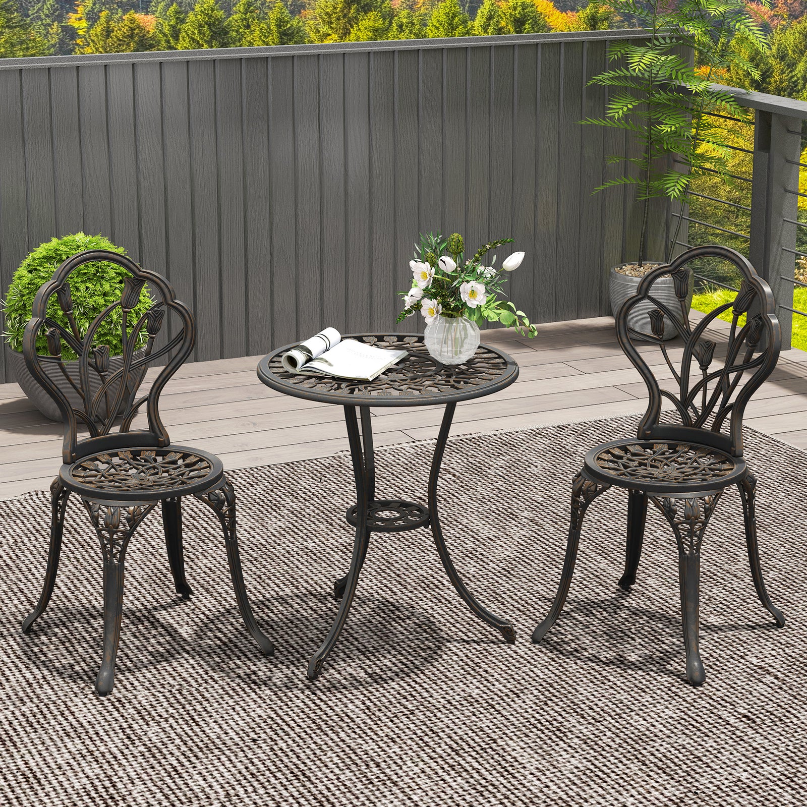 3 Piece Patio Bistro Set for 2, Outdoor Aluminium Garden Table and Chairs with Umbrella Hole for Balcony, Bronze Tone