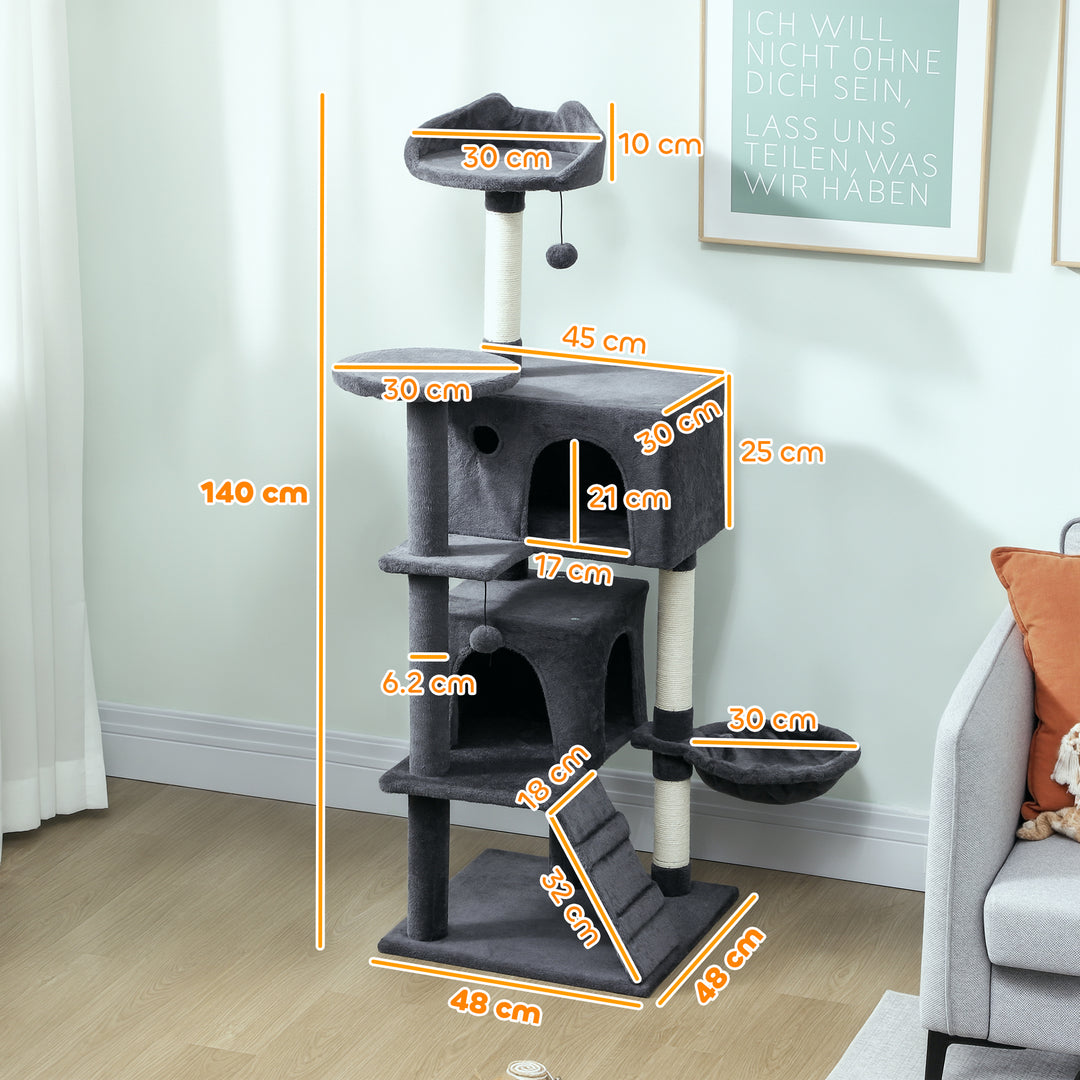 MCL 140cm Large Cat Tree Tower with Sisal Scratching Posts, Cat Houses, Plush Perches, Hammock, Ladder, Dark Grey