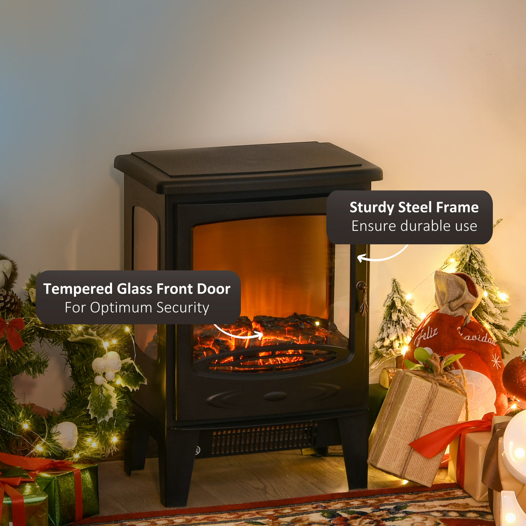 900W/1800W Freestanding Electric Fireplace Room Heater w/ Adjustable Artificial Flame Tempered Glass Safe Home Warmth Retro Faux Fire