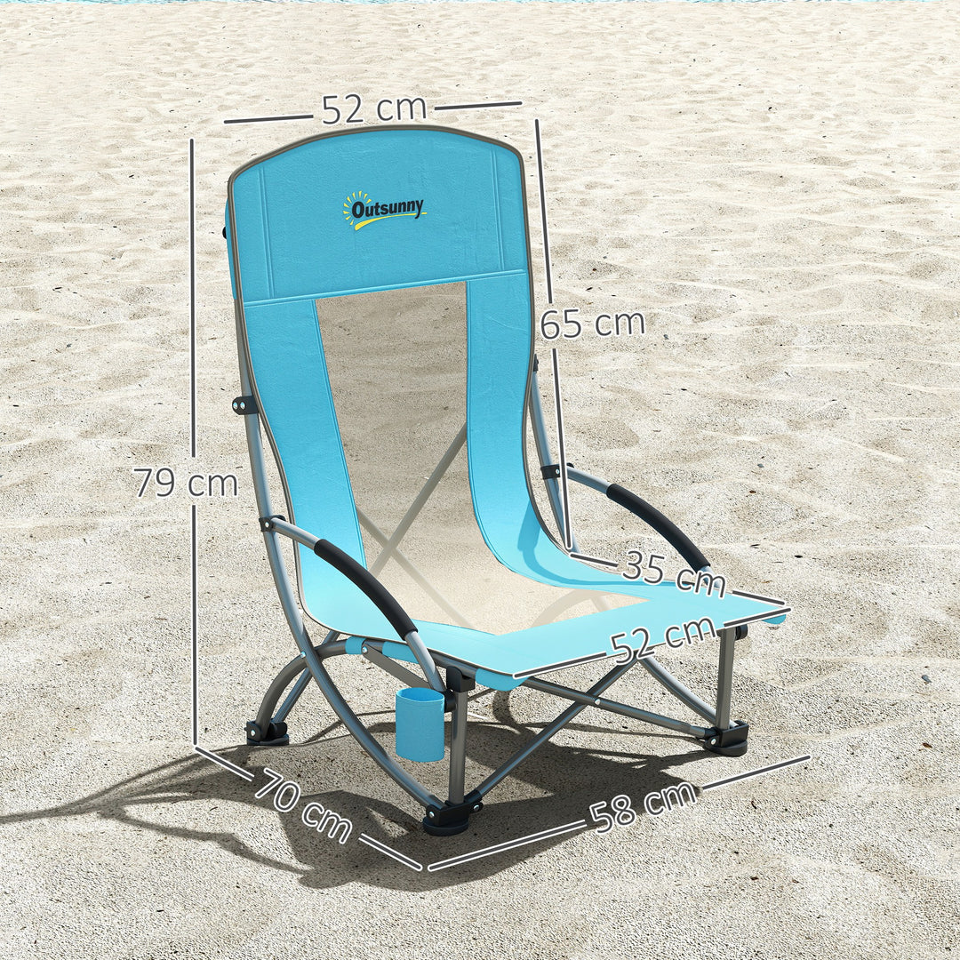 Set of 2 Folding Beach Chair, Low Camping Chair with Mesh Back, Carry Bag and Cup Holder for Garden Outdoor Picnic Festival Travel, Blue
