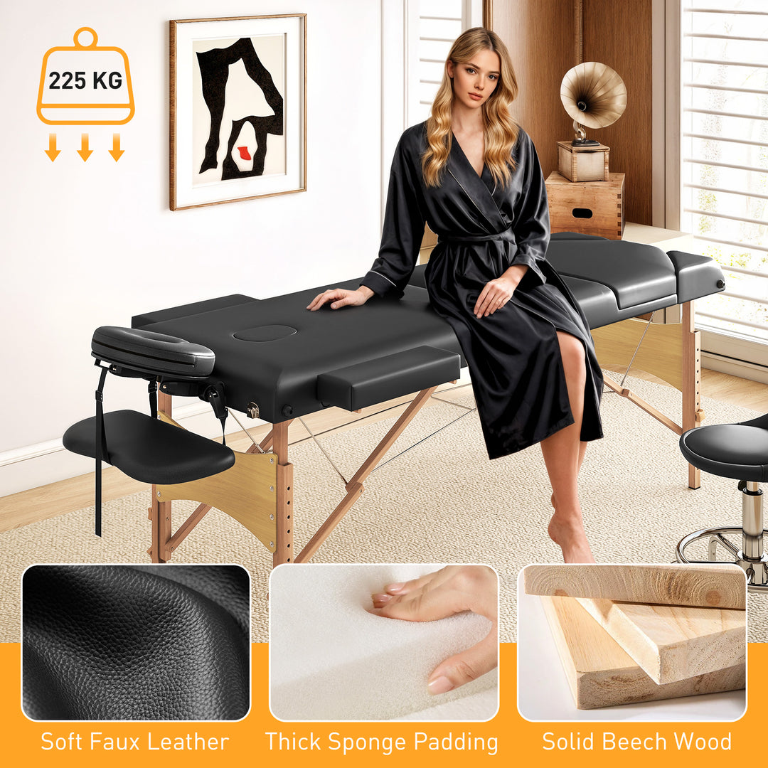 Foldable Massage Table with Beech Wood Legs - Black