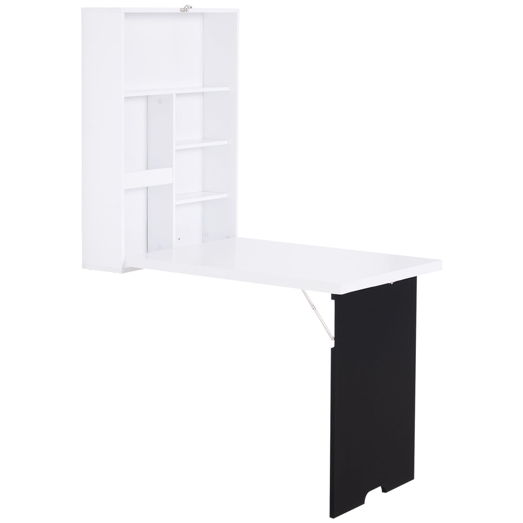 MCL Folding Wall-Mounted Drop-Leaf Table, Convertible Wall Table With Chalkboard and Storage Shelf, Multifunctional Floating Desk for Home Office, White