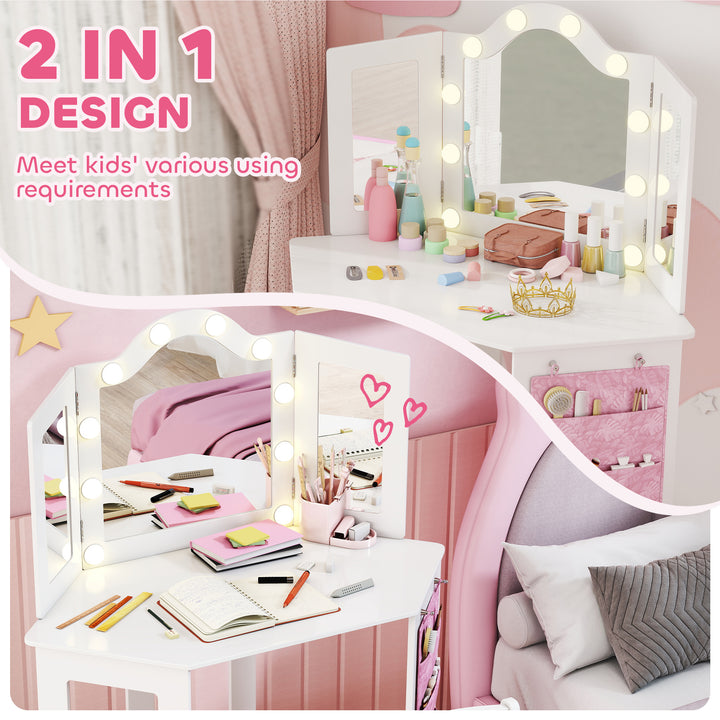 MCL Kids Dressing Table and Stool Set, Girls Vanity Table with 2-Colour LED Lights, Tri-Folding Mirror, White