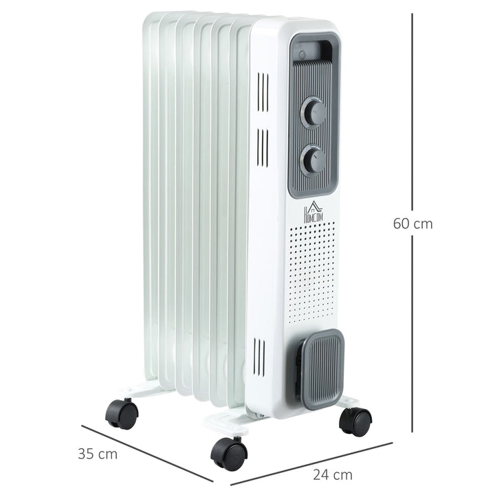 MCL 1500W Oil Filled Radiator, 7 Fin, Portable Electric Heater with 3 Heat Settings, Safety Cut-Off and Wheels, White