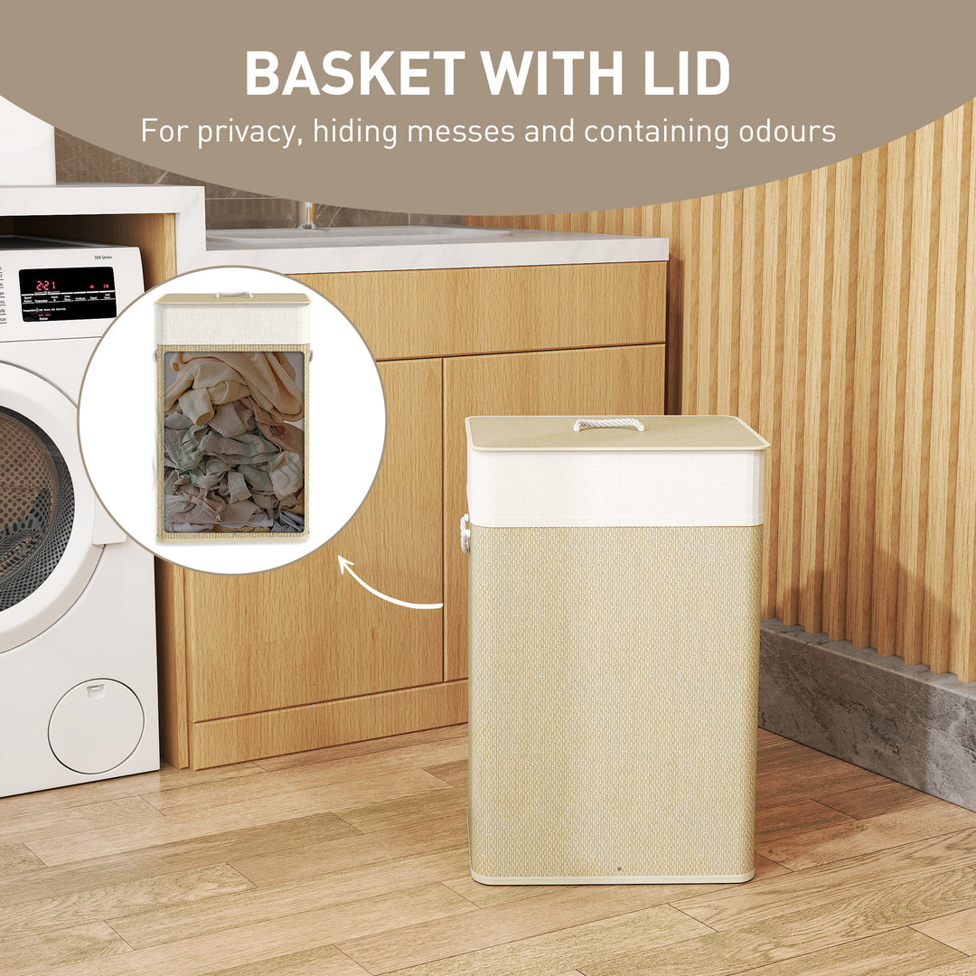 Bamboo Laundry Basket with Lid, 72L Laundry Hamper with Rope Handles, Washing Basket with Removable Washable Liner Bag for Bathroom, Bedroom, Nature Wood Finish