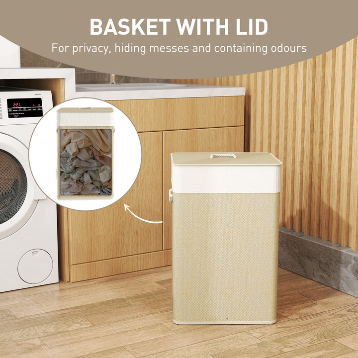 Bamboo Laundry Basket with Lid, 72L Laundry Hamper with Rope Handles, Washing Basket with Removable Washable Liner Bag for Bathroom, Bedroom, Nature Wood Finish