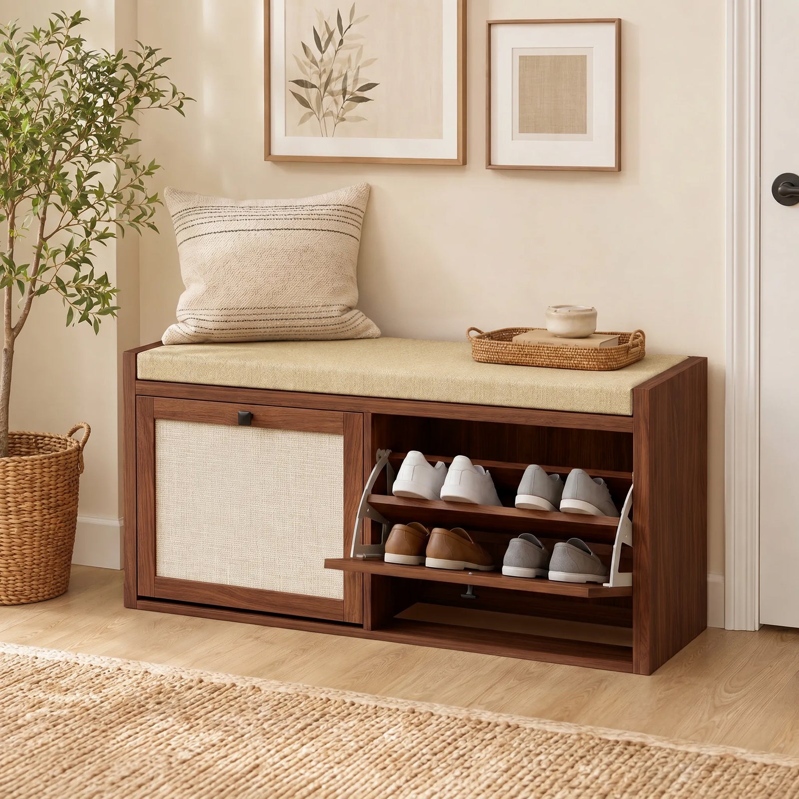 Rattan Shoe Bench with Padded Cushion and 2 Cabinets for Hidden Storag