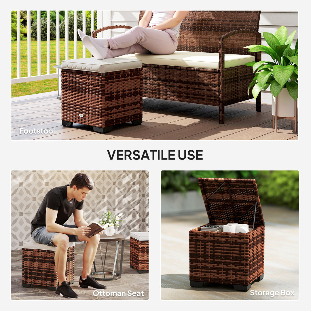 Set of 2 Rattan Storage Ottoman, Outdoor Footstool with Removable Cushions, Garden Storage Seat for Balcony, Porch, Living Room, Beige