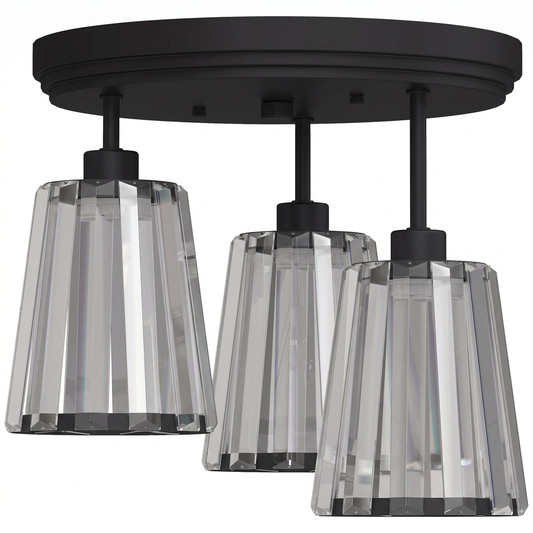 3-Light Crystal Glass Ceiling Light, Triple Head with Dual Mounting - Black