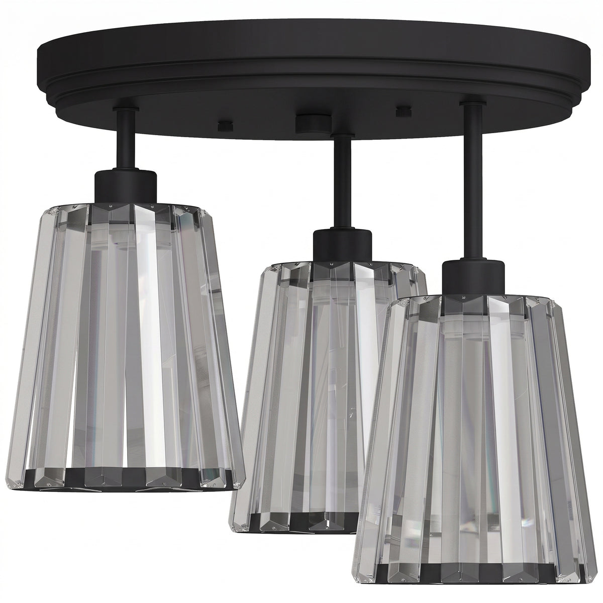3-Light Crystal Glass Ceiling Light, Triple Head with Dual Mounting - Black