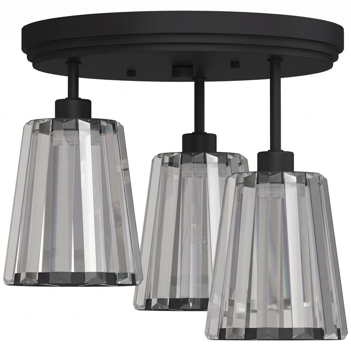 3-Light Crystal Glass Ceiling Light, Triple Head with Dual Mounting - Black