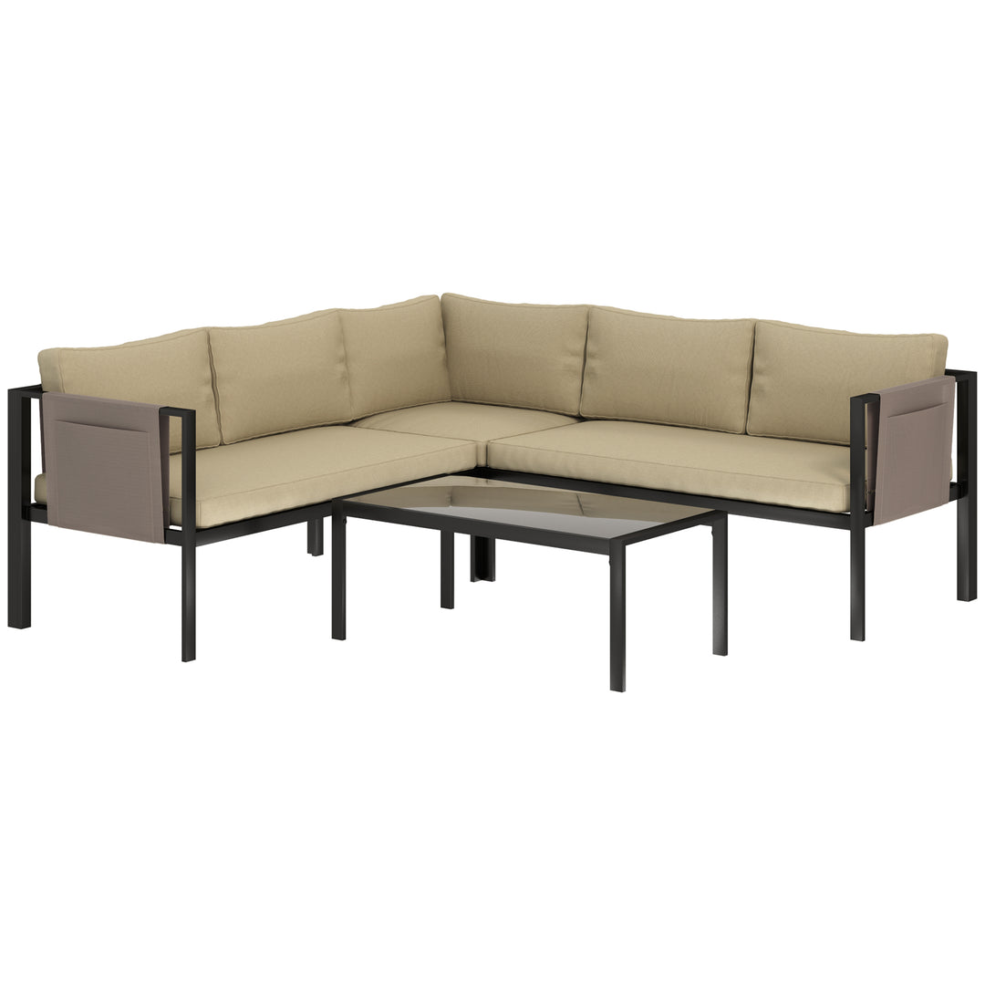 5 Seater Garden Corner Sofa Set, 4 Pieces Metal Garden Furniture Set with Loveseats, Glass Top Coffee Table, Breathable Mesh Pocket, Outdoor Conversation Furniture with Cushions, Khaki