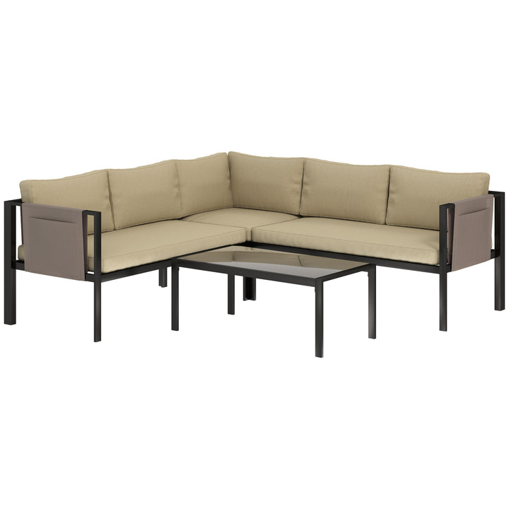 5 Seater Garden Corner Sofa Set, 4 Pieces Metal Garden Furniture Set with Loveseats, Glass Top Coffee Table, Breathable Mesh Pocket, Outdoor Conversation Furniture with Cushions, Khaki