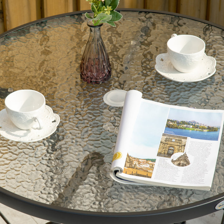 Outdoor φ80cm Round Dining Table Tempered Glass Top Steel Frame Bistro Coffee End Side Table Garden w/ Parasol Hole