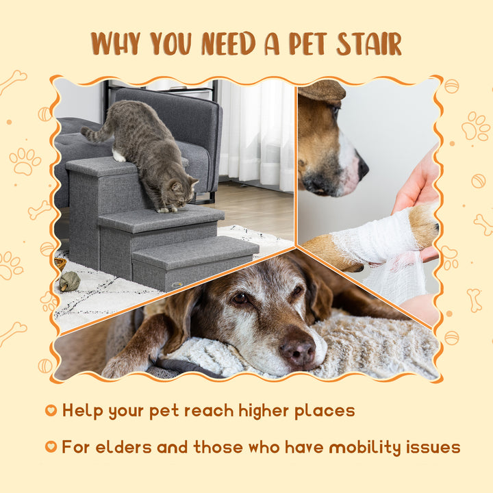 PawHut Cat Stairs with Storage Boxes, 3 Steps Dog Stairs for Bed, Pet Ladder for Couch Sofa, Easy Installation, 63.5x42.5x40.5 cm, Grey | Aosom UK