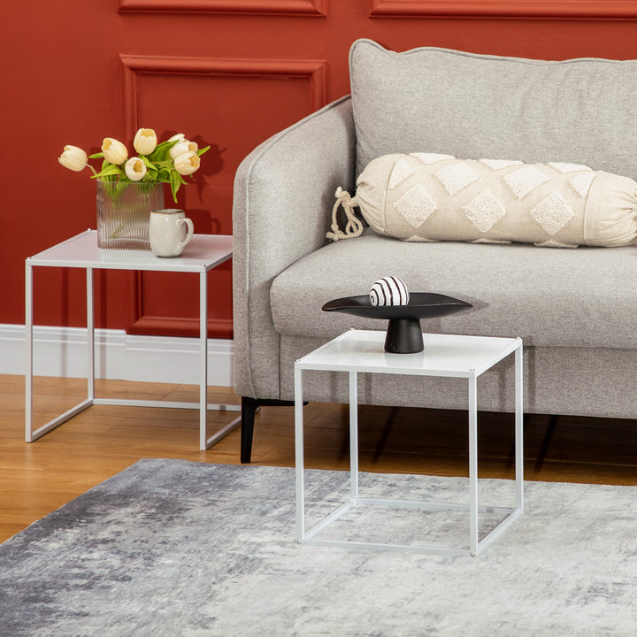Square Nesting Coffee Table Set of 2, Modern Nest of Tables, Sofa Side Tables with Steel Frame for Living Room, Bedroom, Small Space, White
