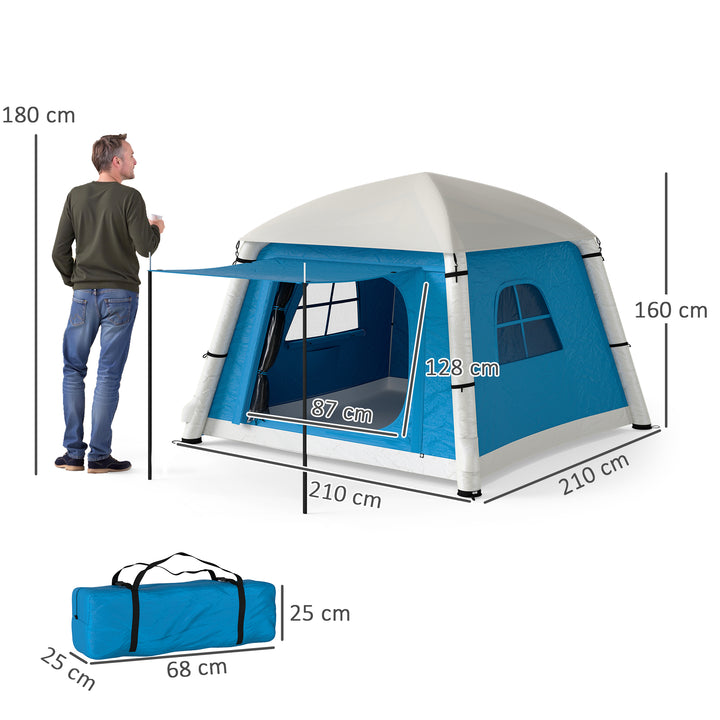 Inflatable Camping Tent w/ Hand Pump, Easy Setup 1/2 Person Blow Up Tent Waterproof 190T Taffeta w/ Mesh Windows, Doors and Carry Bag, Light Blue