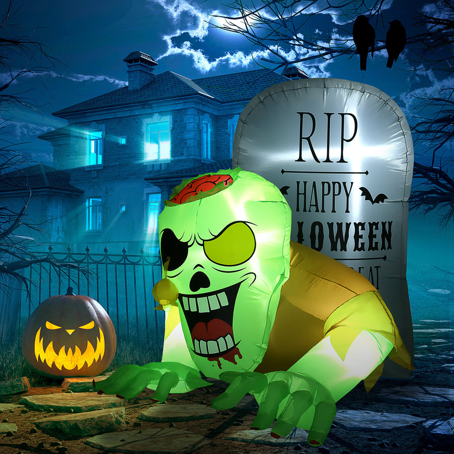 5FT Halloween Inflatables Ghost and Tombstone, Blow Up Outdoor Halloween Decorations with Build-in LED Lights for Garden, Lawn, Party