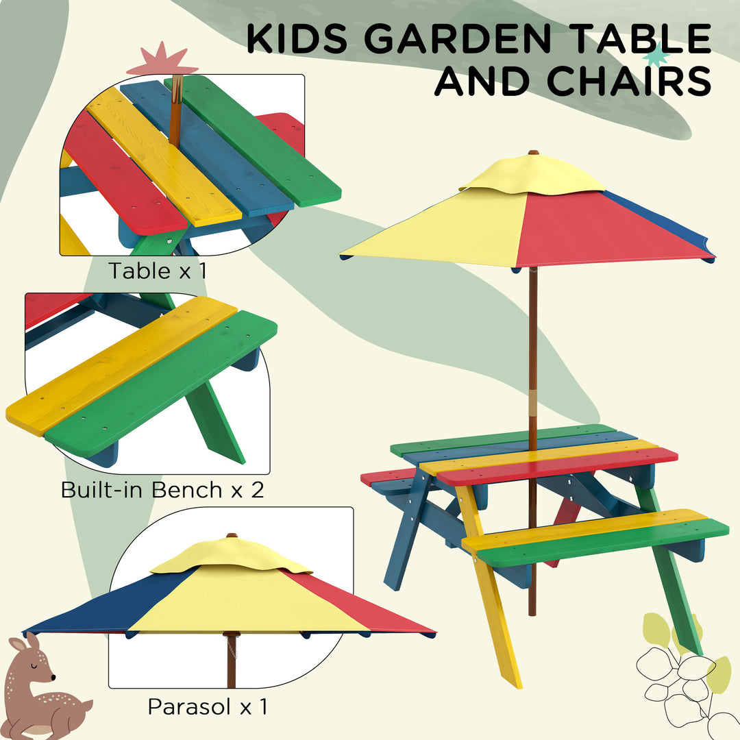 Outsunny Wooden Kids Table and Chair Set with Removable Parasol, for Ages 3