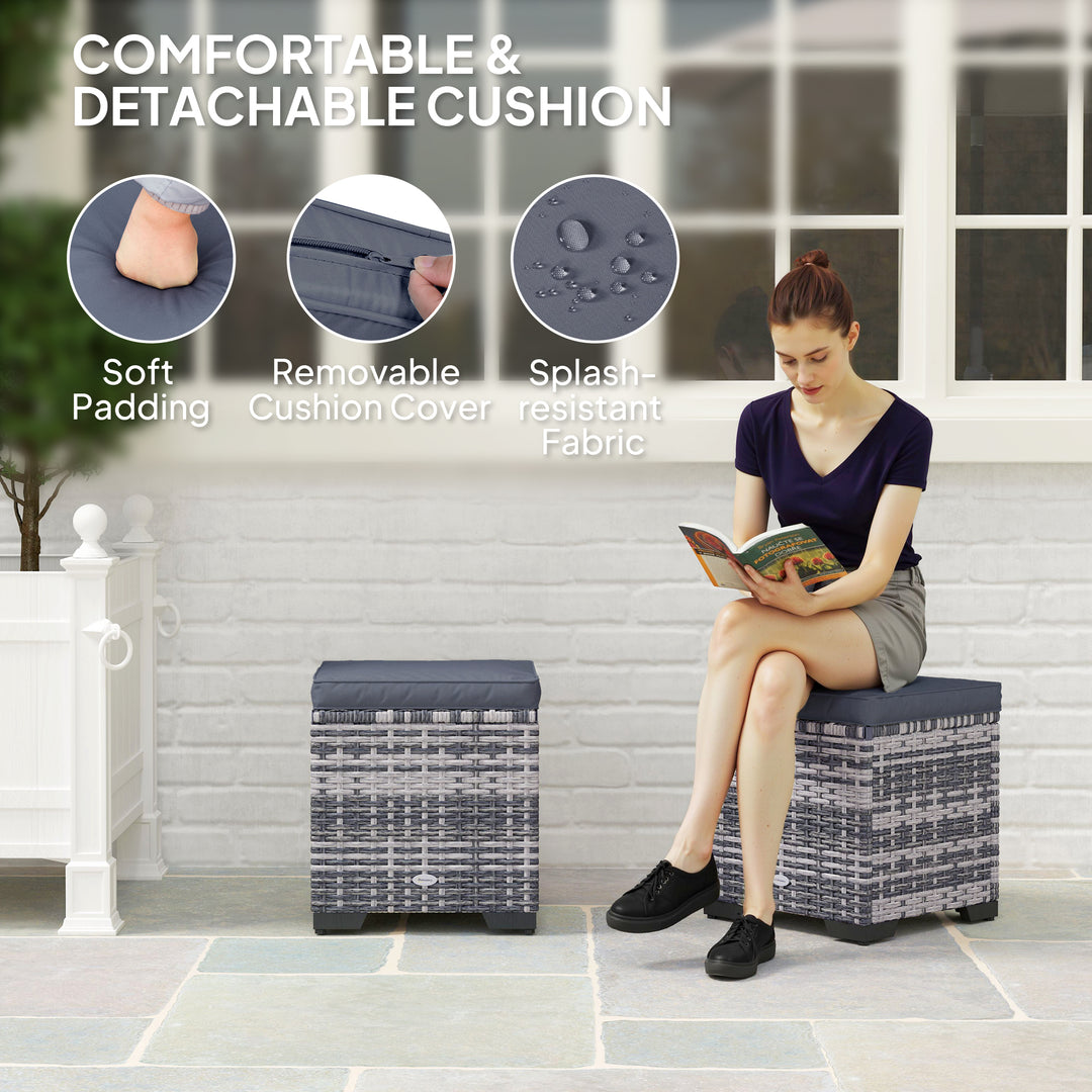 Set of 2 Rattan Storage Ottoman, Outdoor Footstool with Removable Cushions, Garden Storage Seat for Balcony, Poolside, Living Room, Dark Grey