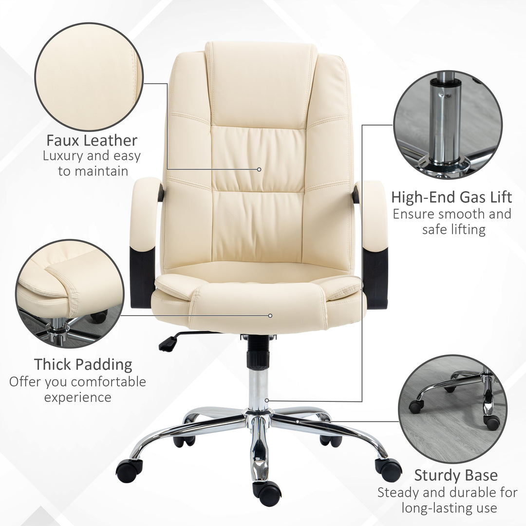 Office Chair, PU Leather Desk Chair with 13cm Soft Padded Seat and Backrest, Swivel Chair with Adjustable Height and Rolling Wheels, Beige