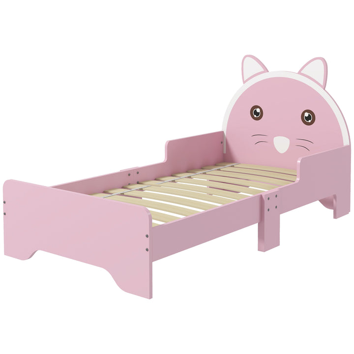 ZONEKIZ Bed for Kids Cat Design Toddler Bed Frame Bedroom Furniture with Guardrails, for 3-6 Years, 143L x 74W x 72Hcm - Pink | Aosom UK