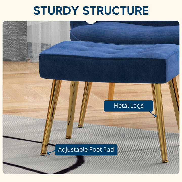 Modern Armchair with Footstool, Upholstered Accent Chair with Ottoman, Steel Legs, Velvet Wingback Chair for Living Room, Bedroom, Home Study, Dark Blue
