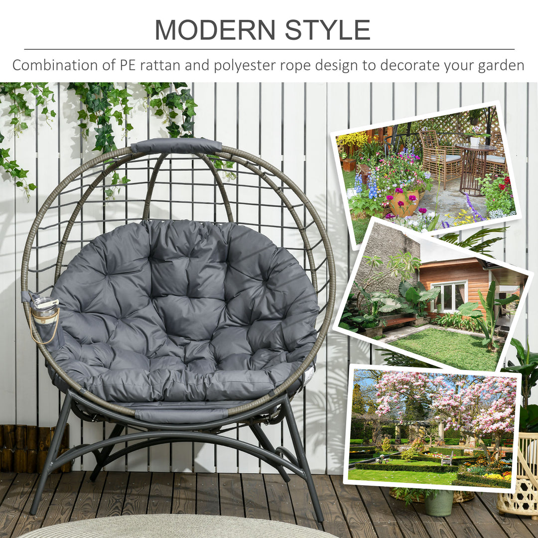 Folding Rattan Egg Chair, Freestanding Basket Chair with Cushion, Bottle Holder Bag for Outdoor or Indoor, Grey