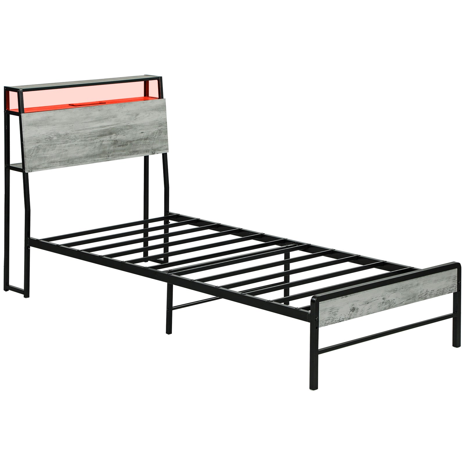 Single Steel Bed Frame, with LED Lights and Headboard Shelf - Grey