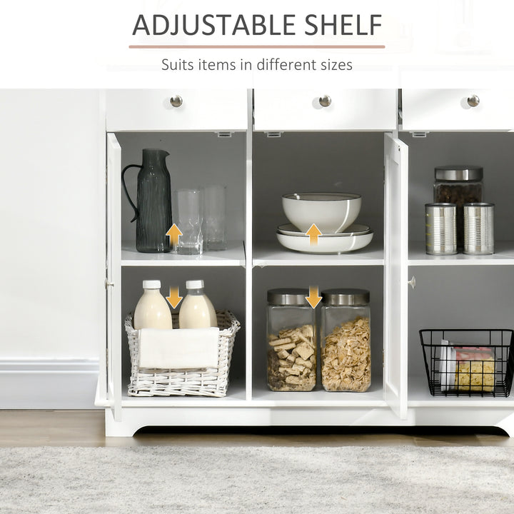 Sideboard with Rubber Wood Top, Modern Storage Cabinet, Kitchen Cupboard with 3 Doors, 3 Drawers and 3 Adjustable Shelves for Dining Room, Living Room, White