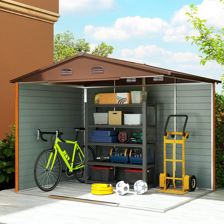 MCL 9 x 6ft Metal Garden Shed, House Hut Gardening Tool Storage with Ventilations, Sliding Door, Sloped Roof for Garden, Patio, Brown