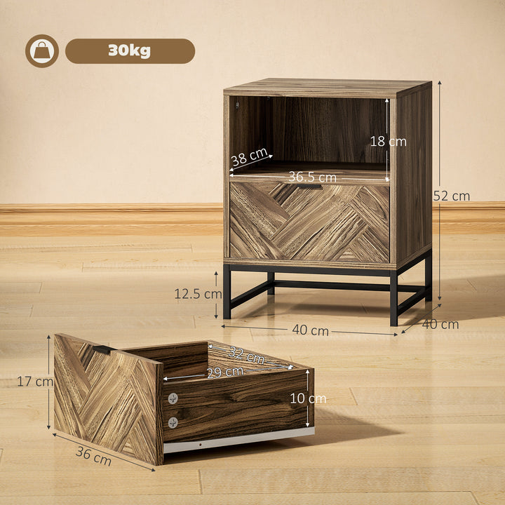 Bedside Table with Drawer and Shelf, Side End Table with Steel Legs for Living Room, Bedroom, Brown Wood Effect