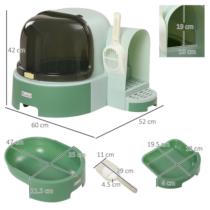 2 in 1 Cat Litter Box, with Drawer Pans, Scoop, Openable Cover - Green