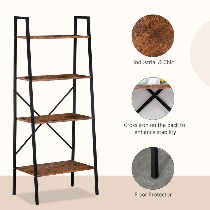 Ladder Shelf, Bookshelf, 4-Tier Industrial Storage Rack for Living Room, Bedroom, Kitchen, Rustic Brown and Black