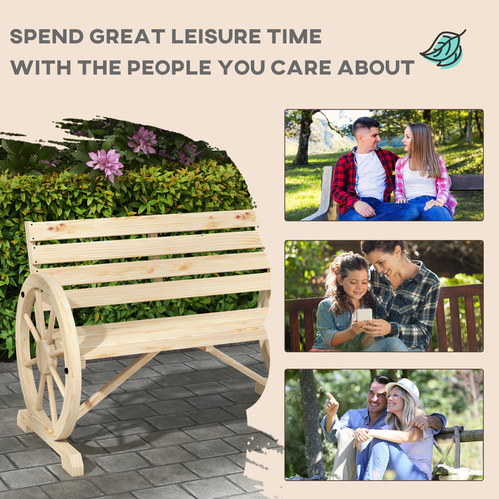 Wagon Wheel Chair Bench Armrest Rustic Loveseat Wood Outdoor Garden, Natural