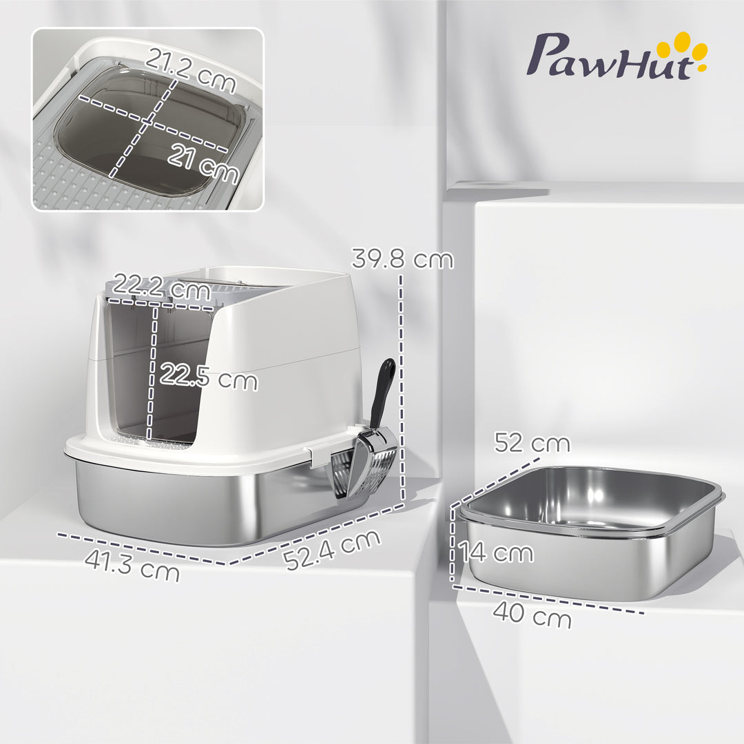 Large Stainless Steel Litter Box, Enclosed Metal Cat Litter Tray with Scoop, Deodoriser Bag, Front-Entry and Top-Exit