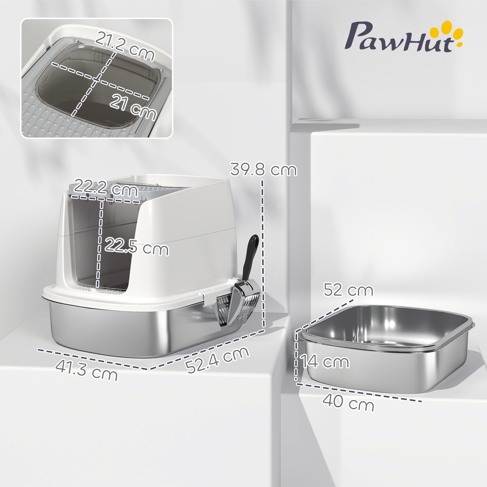 Large Stainless Steel Litter Box, Enclosed Metal Cat Litter Tray with 