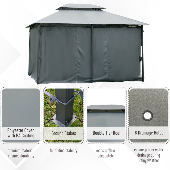 MCL 4m x 3(m)Garden Gazebo, Double Roof Outdoor Gazebo Canopy Shelter with Curtains, Solid Steel Frame for Lawn and Deck, Grey