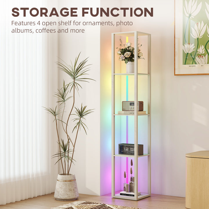 RGB LED Floor Lamp with Shelves, Modern Dimmable Standing Lamp with Remote Control, Adjustable Brightness & Speed for Living Room, Bedroom, Office, Oak