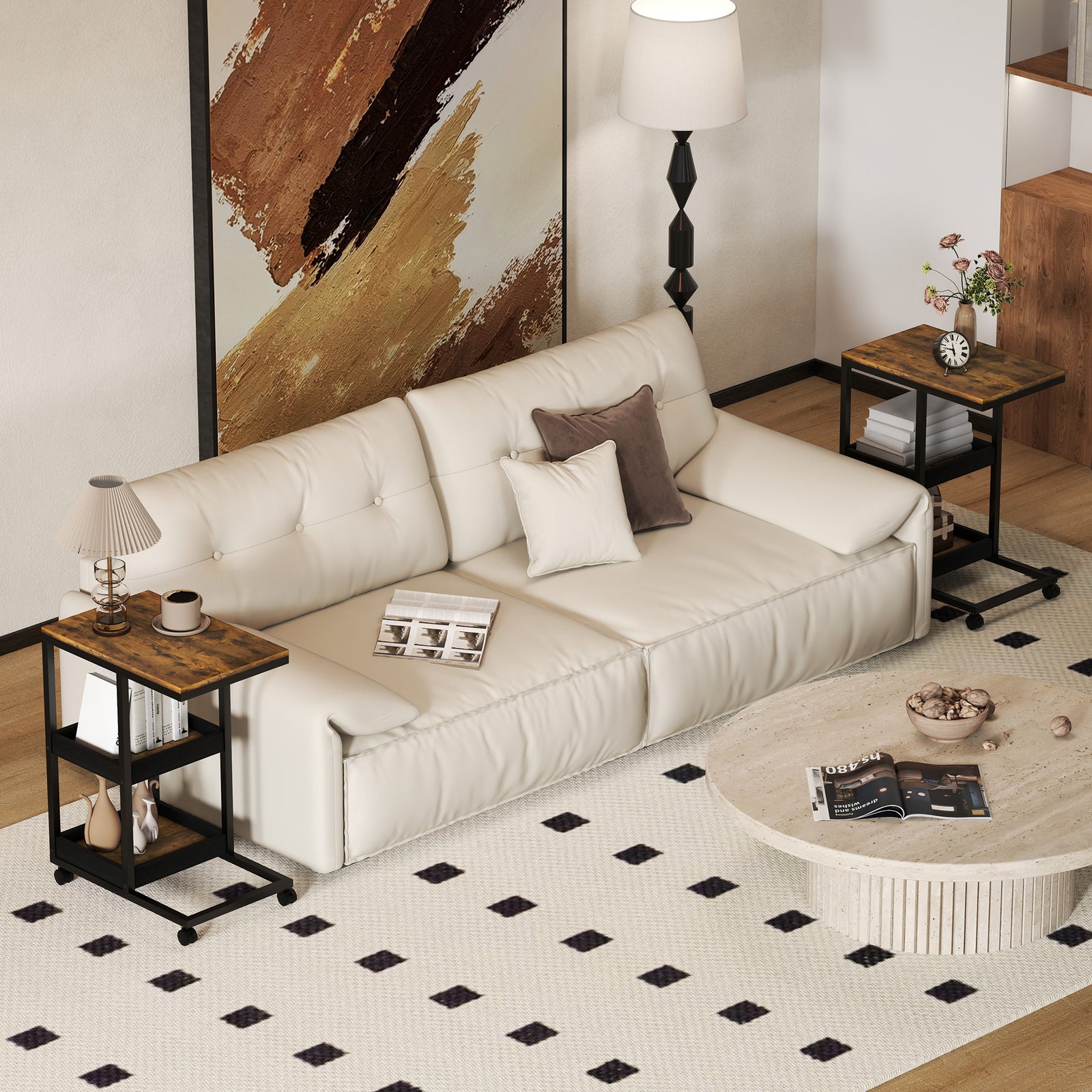 Mobile Sofa Side Table Set of 2, Industrial C-Shaped Rolling Couch Table with 3-Tier Storage Shelving Four Lockable Wheels Steel Frame, Dark Brown